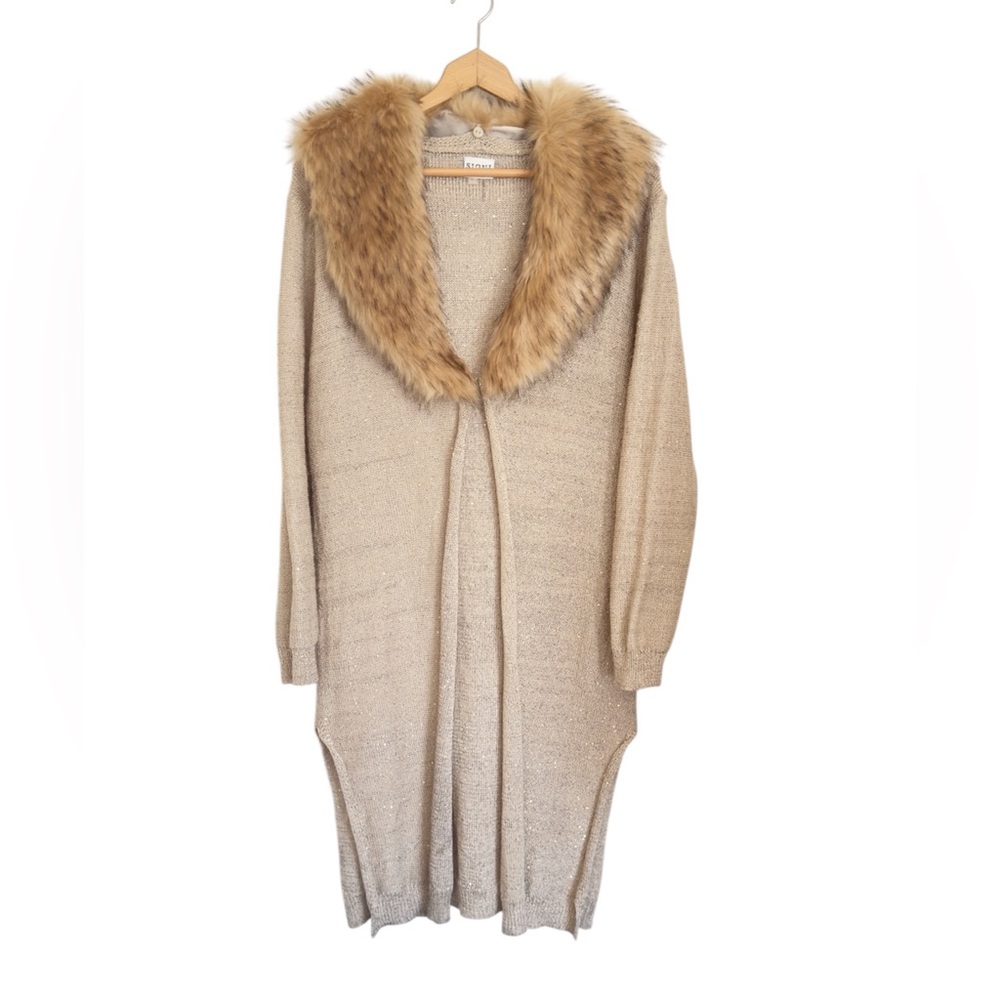 Sioni Faux Fur Trim Collar Tan Gold Metallic Long Duster Cardigan size L